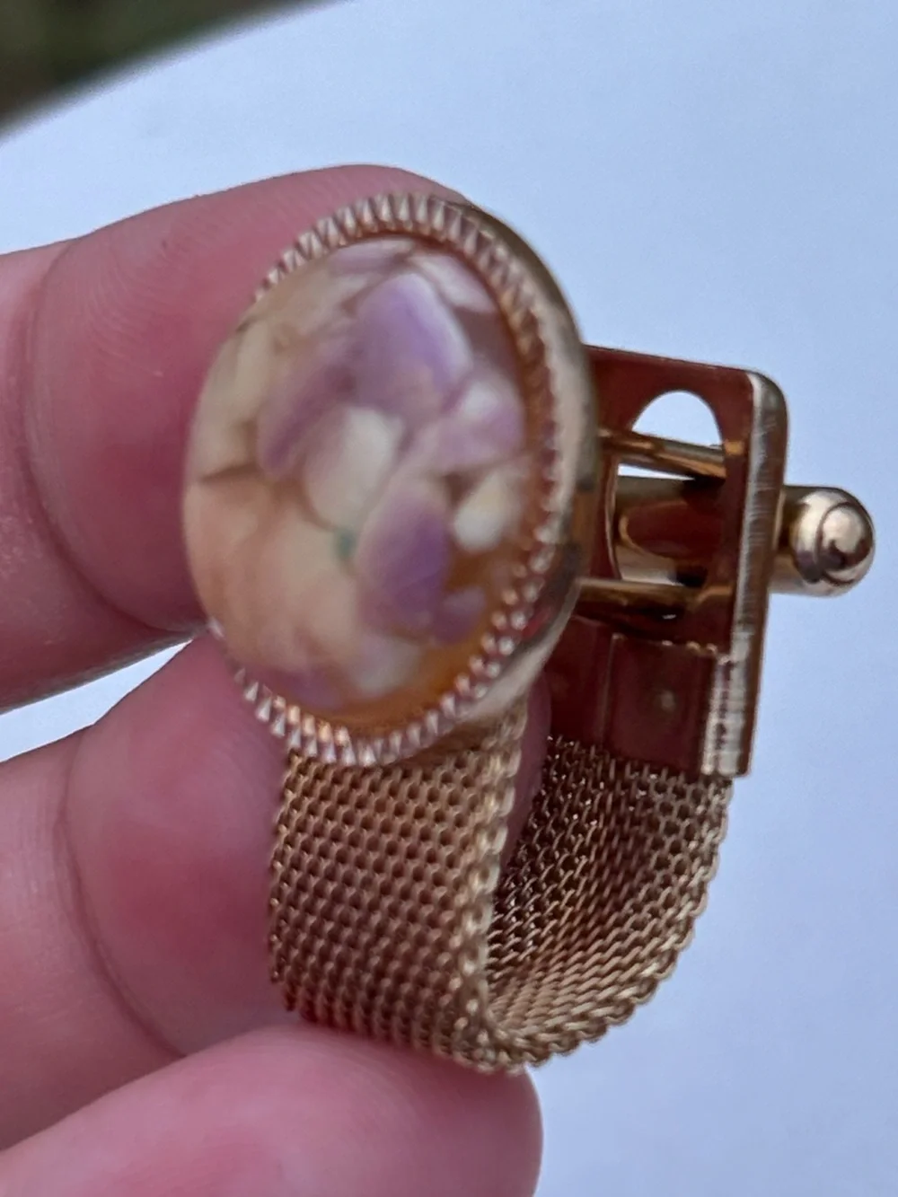 Vintage Gold Tone Mesh Wrap Cufflinks & Matching Tie Clip Set Pressed Flower Luc